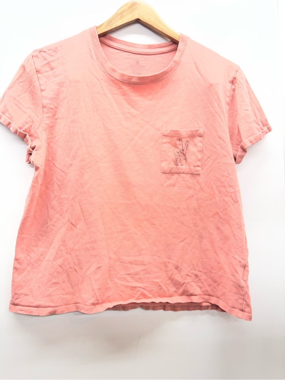 Volcom Coral Pink Crop Tee‎ with Pocket Peace sign and Back Graphic
